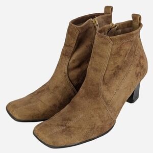 Vintage 90s Predictions Brown Faux Suede Ankle Boots Square Toe Heel - Size 7